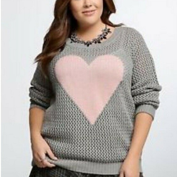 torrid Sweaters - Torrid Gray open knit pink heart sweater Plus size